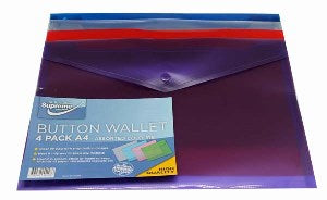 Button Document Wallet  A4 Folder 4 pack Assorted Colours